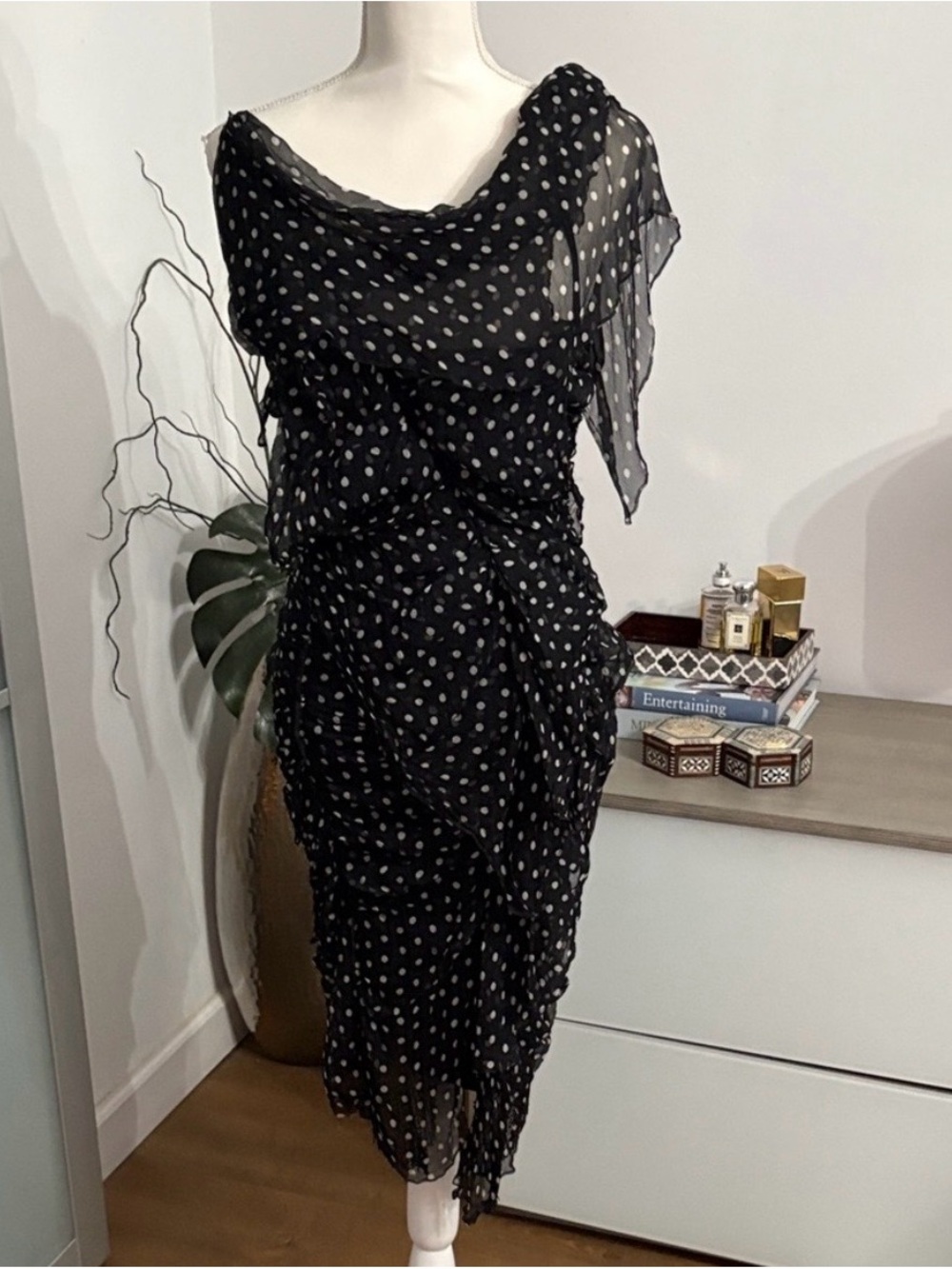 Nina Ricci Black Sheer Polka Dot Midi Dress